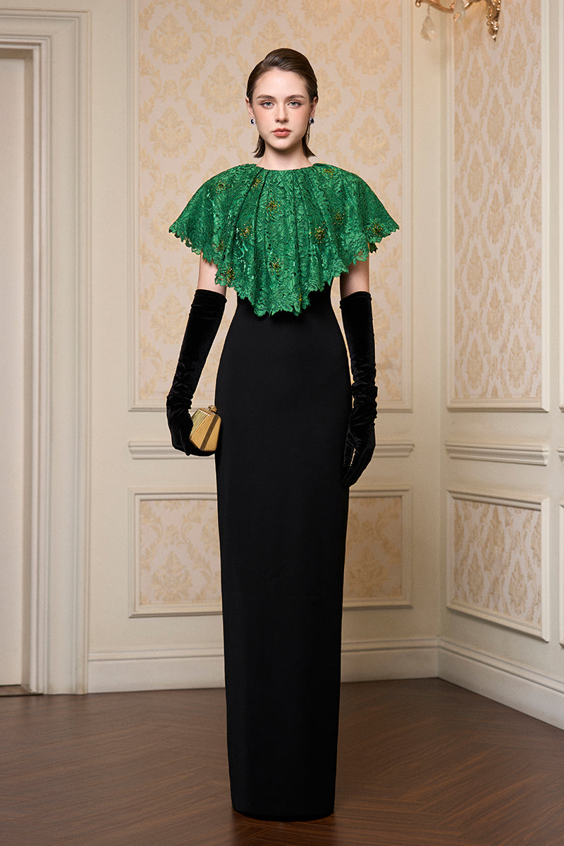 Round Neck Column Gown With Mini Cape In Dark Green French Lace & Black Crepe
