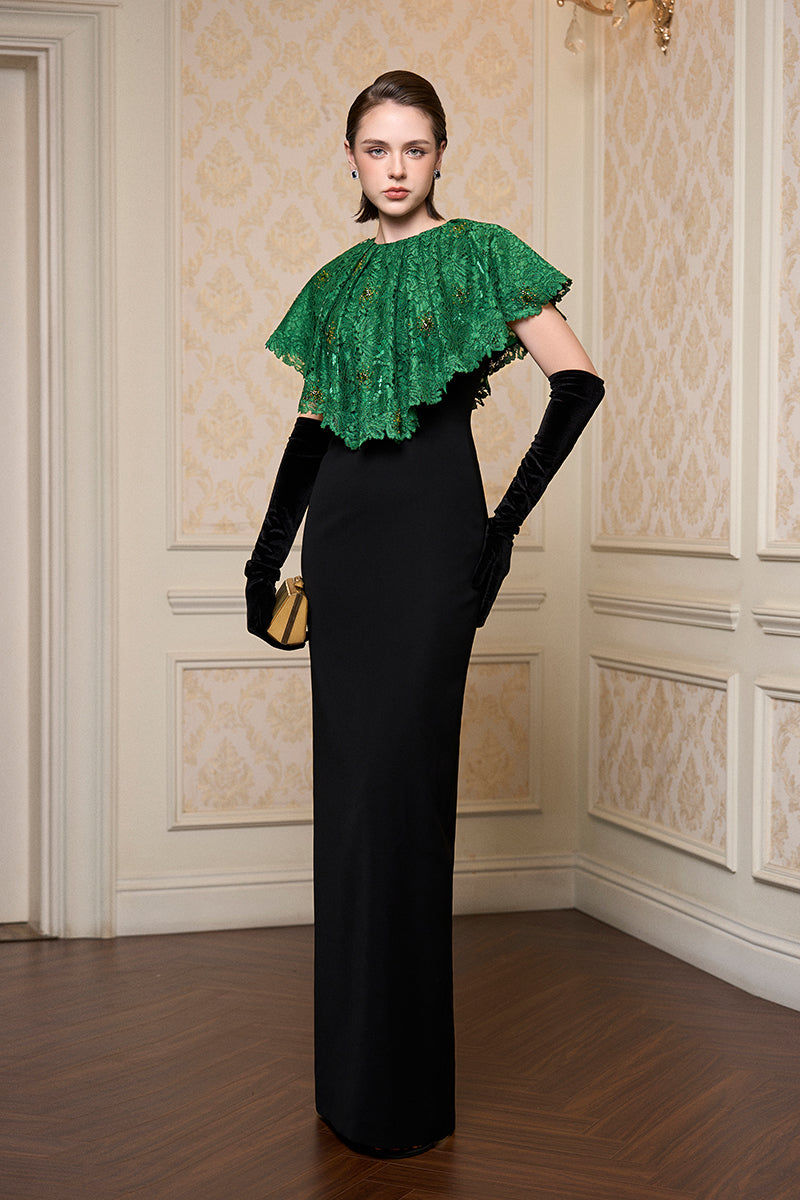 Round Neck Column Gown With Mini Cape In Dark Green French Lace & Black Crepe