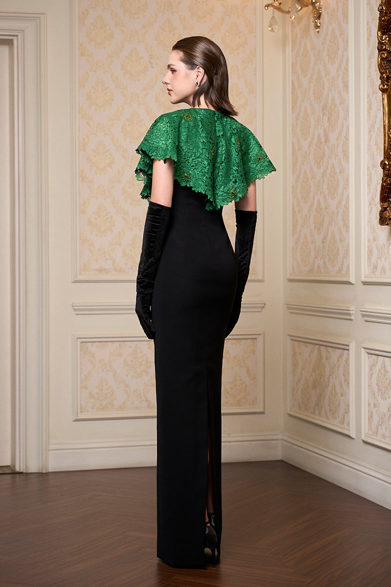 Round Neck Column Gown With Mini Cape In Dark Green French Lace & Black Crepe