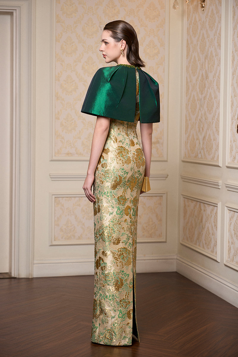 Round Neck Column Gown With Mini Cape In Green Floral Metallic Jacquard & Taffeta