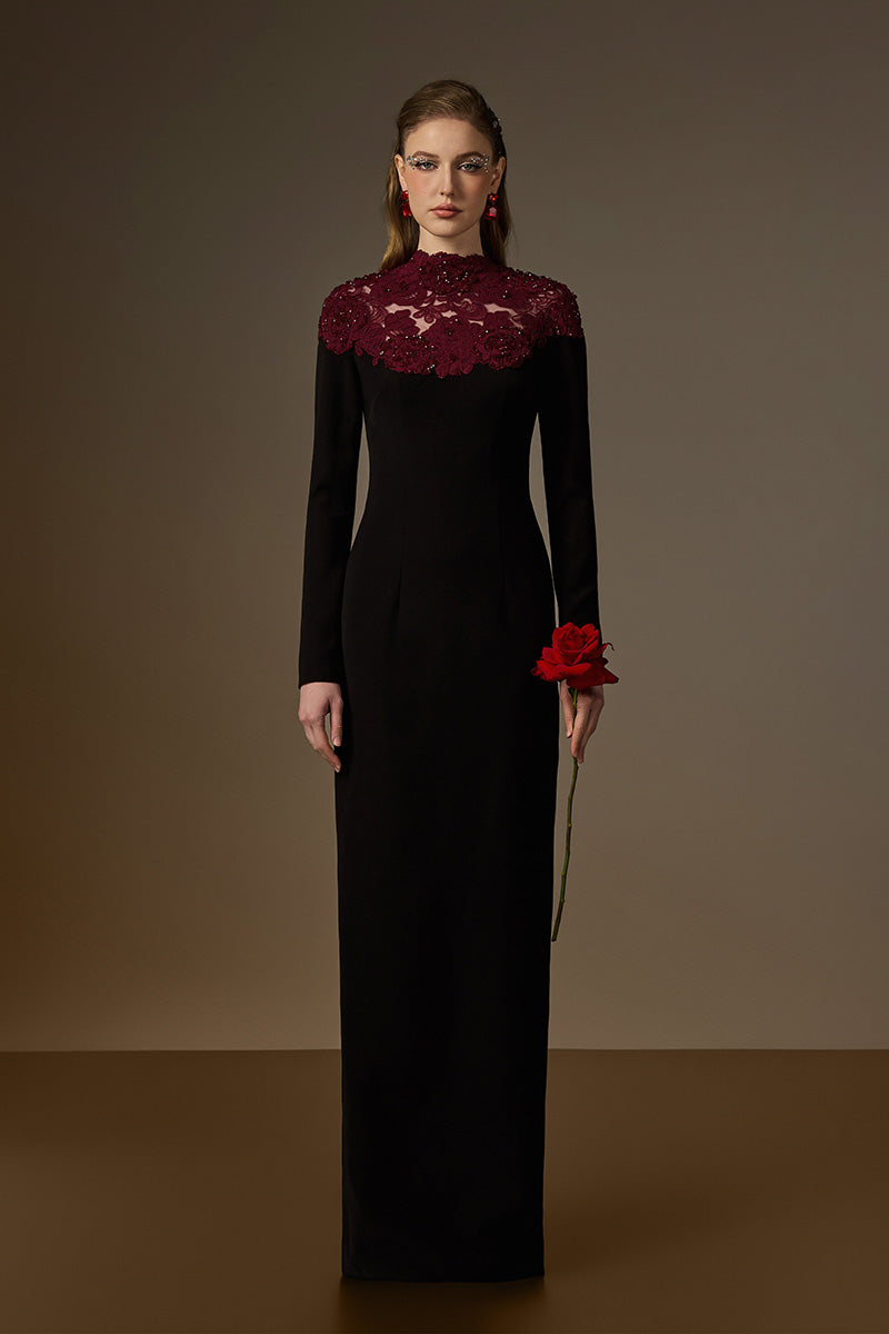 Round Neck Column Gown With Red Crystal Embellishments In Black Crepe And Burgundy Floral Garden Lace