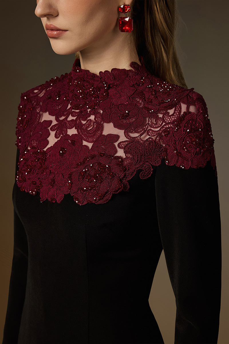 Round Neck Column Gown With Red Crystal Embellishments In Black Crepe And Burgundy Floral Garden Lace