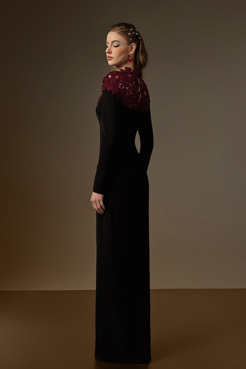 Round Neck Column Gown With Red Crystal Embellishments In Black Crepe And Burgundy Floral Garden Lace