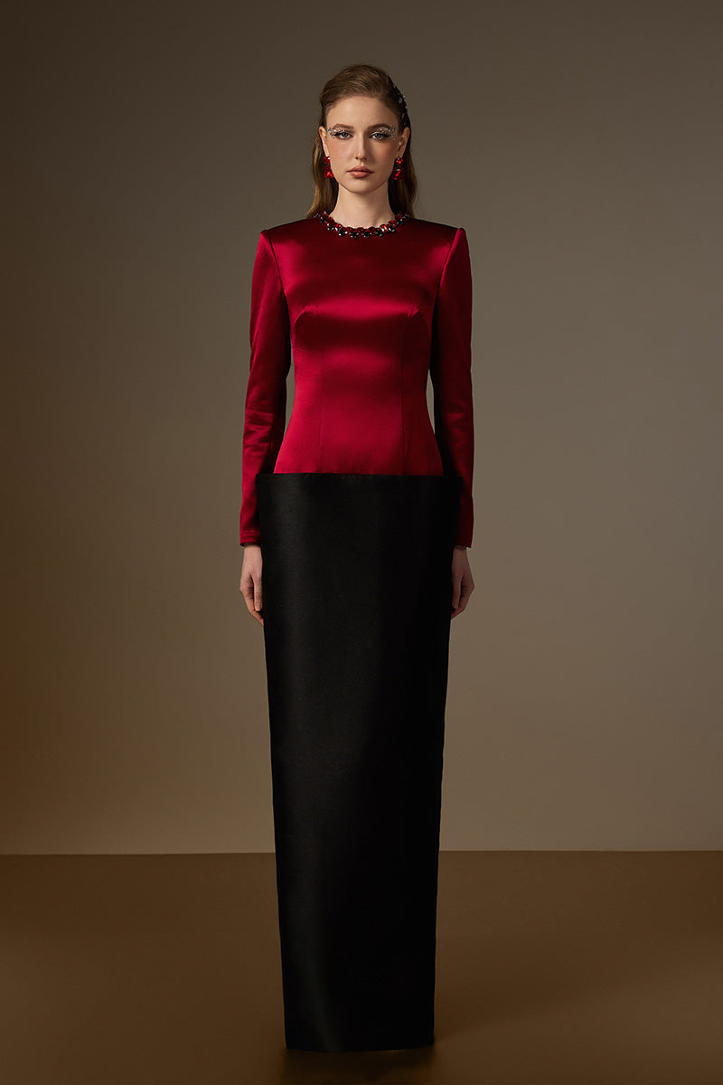 Round Neck Column Gown With V-Line Lower Skirt In Black Bamboo Taffeta And Red Satin Silk