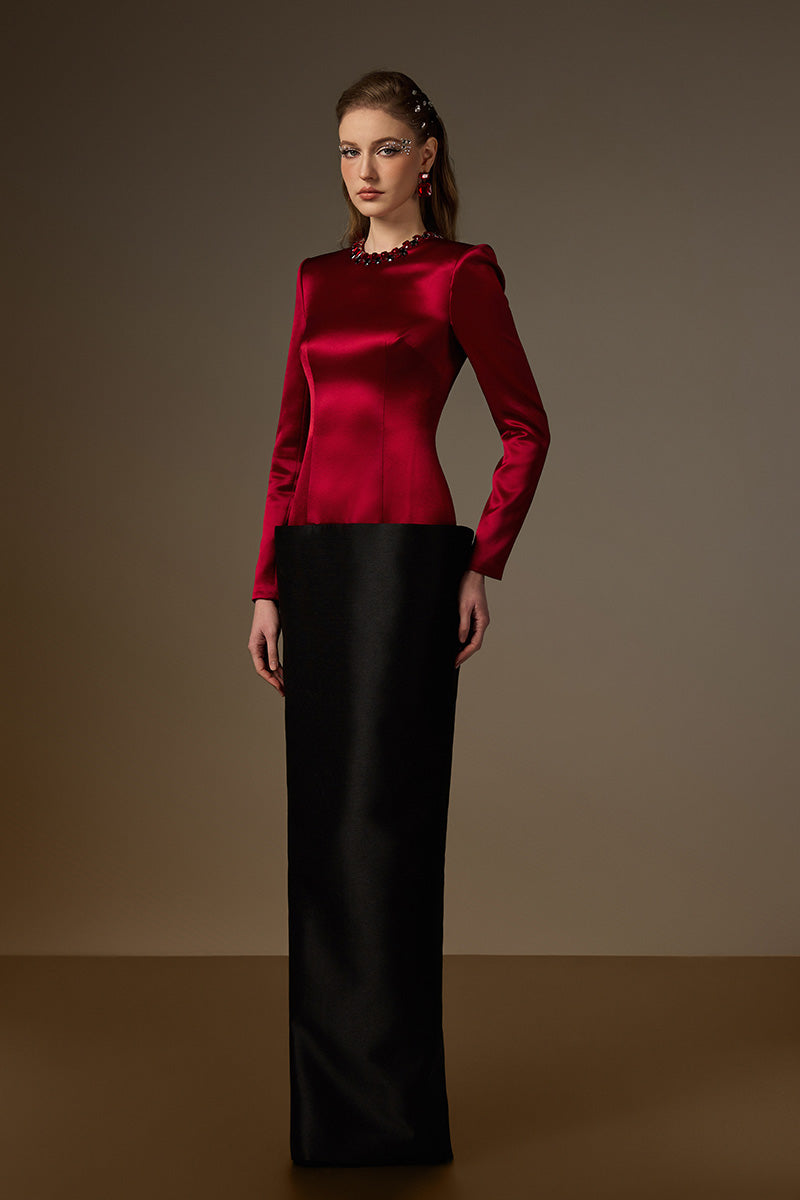 Round Neck Column Gown With V-Line Lower Skirt In Black Bamboo Taffeta And Red Satin Silk