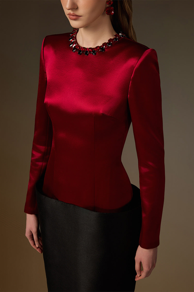 Round Neck Column Gown With V-Line Lower Skirt In Black Bamboo Taffeta And Red Satin Silk