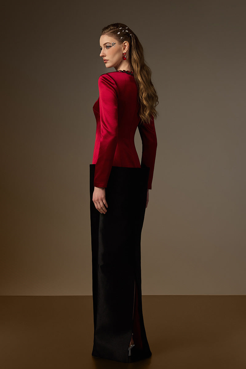 Round Neck Column Gown With V-Line Lower Skirt In Black Bamboo Taffeta And Red Satin Silk