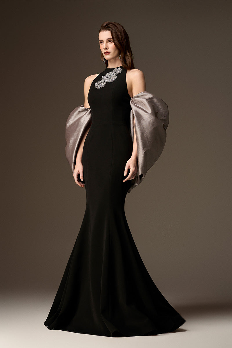 Round Neck Mermaid Gown With Draped Back Train In Black Crepe And Grey Taffeta