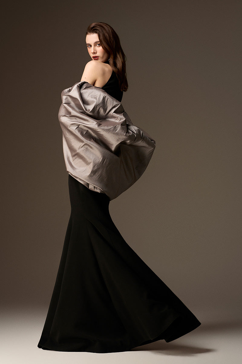 Round Neck Mermaid Gown With Draped Back Train In Black Crepe And Grey Taffeta