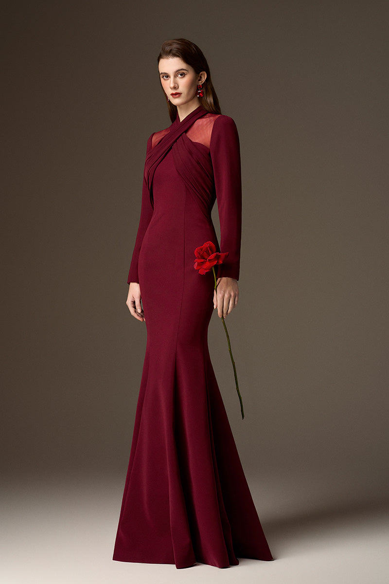 Round Neck Mermaid Gown With Draped Details In Burgundy Crepe