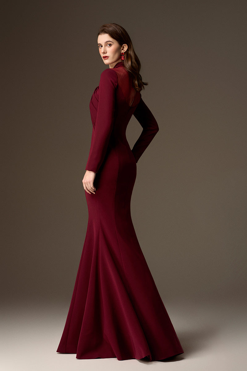 Round Neck Mermaid Gown With Draped Details In Burgundy Crepe