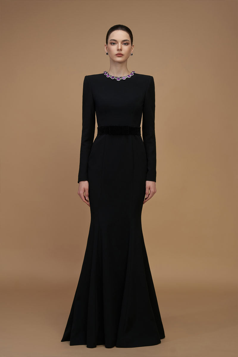 Roundd Neck Mermaid Gown With Long Sleeves In Black