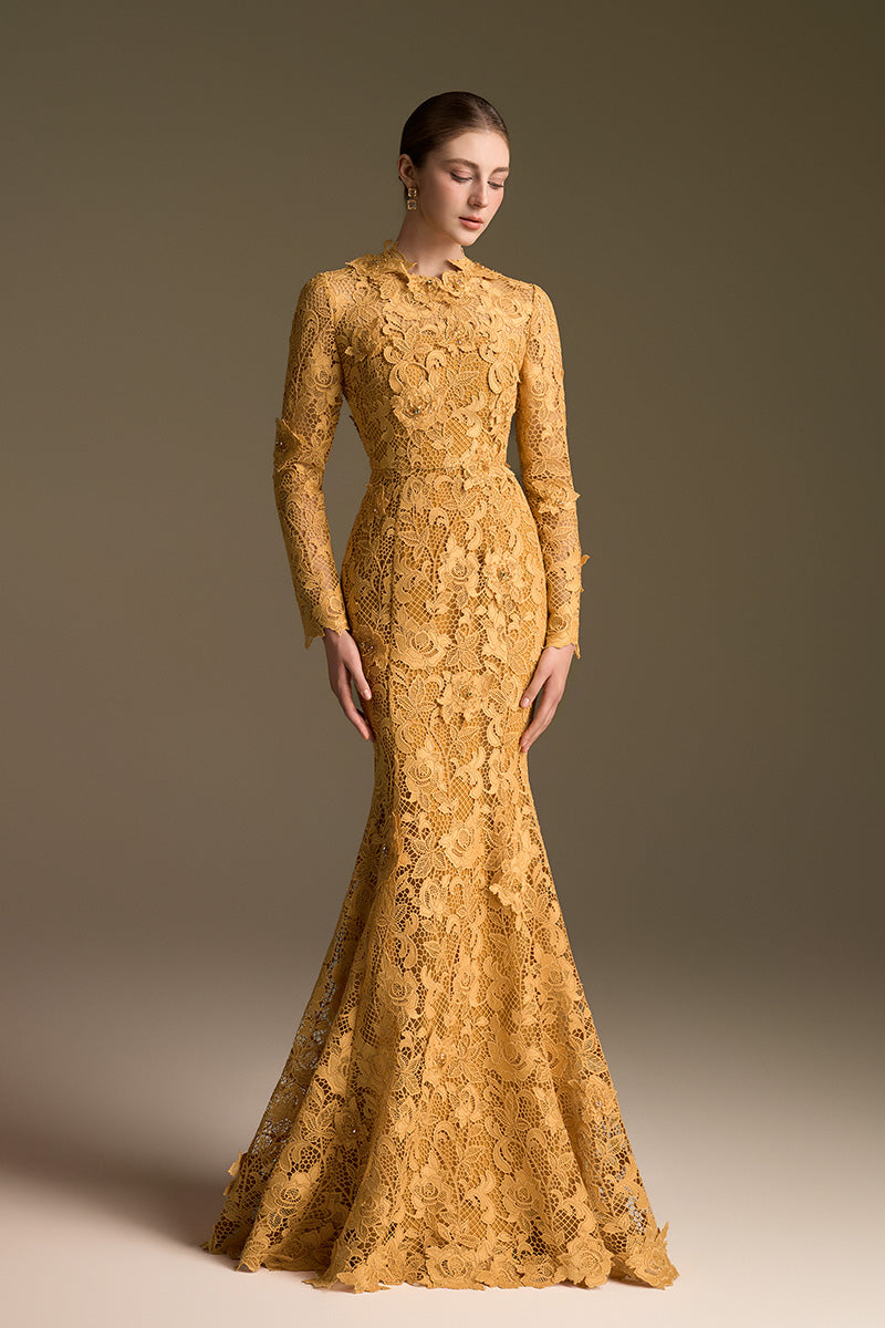 Round Neck Mermaid Gown With Long Sleeves In Yellow Guipure Lace