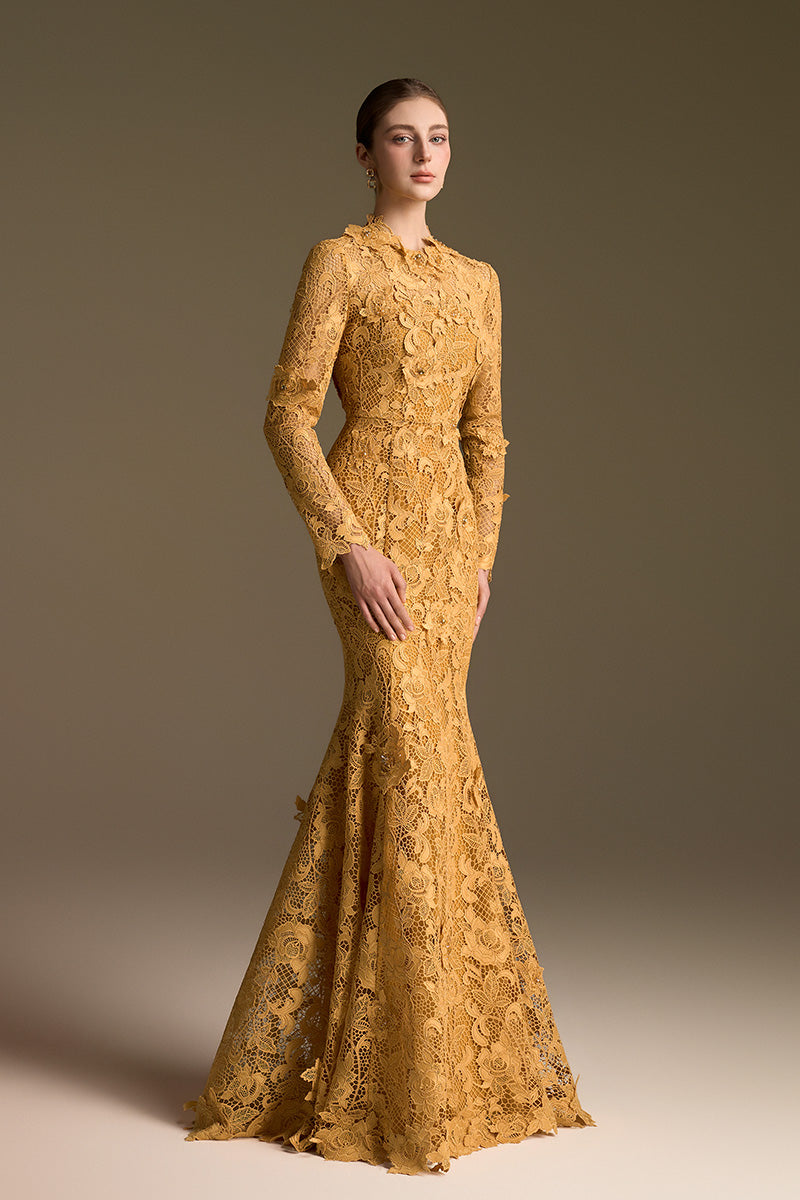 Round Neck Mermaid Gown With Long Sleeves In Yellow Guipure Lace