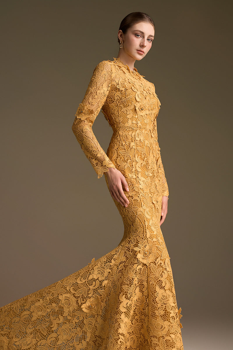 Round Neck Mermaid Gown With Long Sleeves In Yellow Guipure Lace