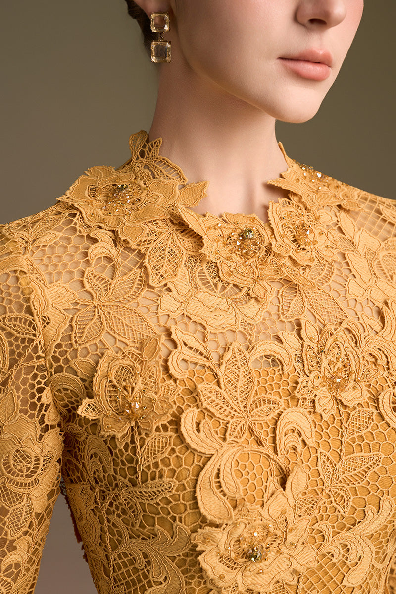 Round Neck Mermaid Gown With Long Sleeves In Yellow Guipure Lace