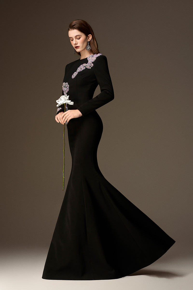 Round Neck Mermaid Gown With Rose-Shaped Crystal Embellishment In Black Crepe