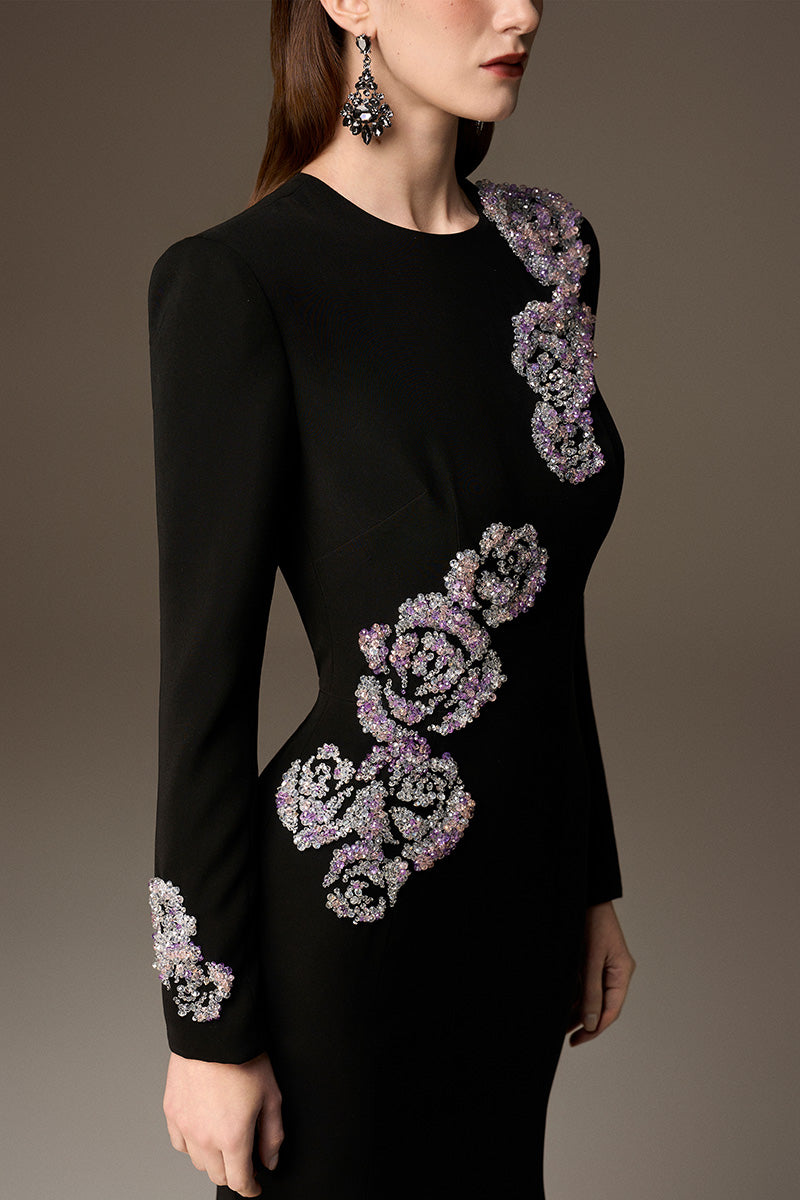 Round Neck Mermaid Gown With Rose-Shaped Crystal Embellishment In Black Crepe