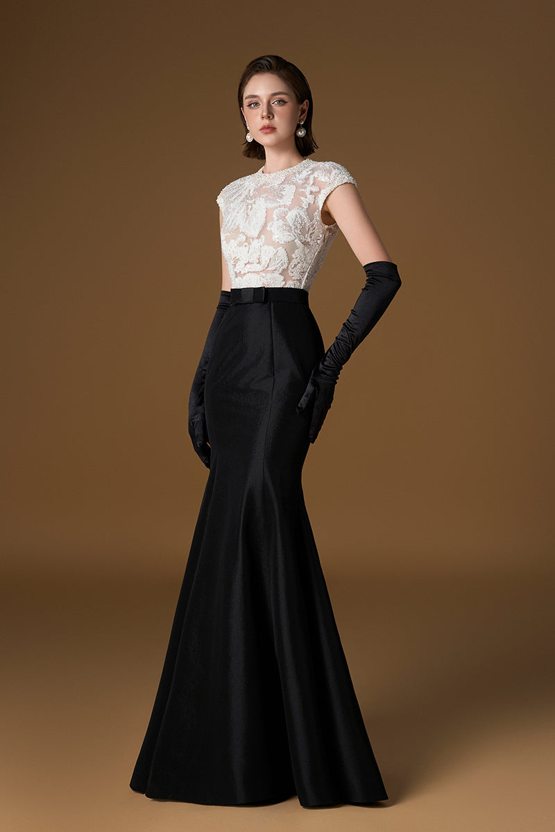 Round Neck Mermaid Gown With Sleeveless In White Sequin Lace And Black Taffeta