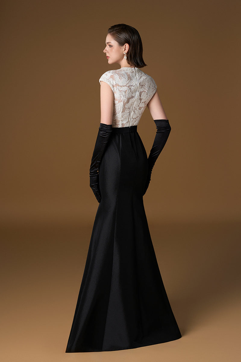 Round Neck Mermaid Gown With Sleeveless In White Sequin Lace And Black Taffeta