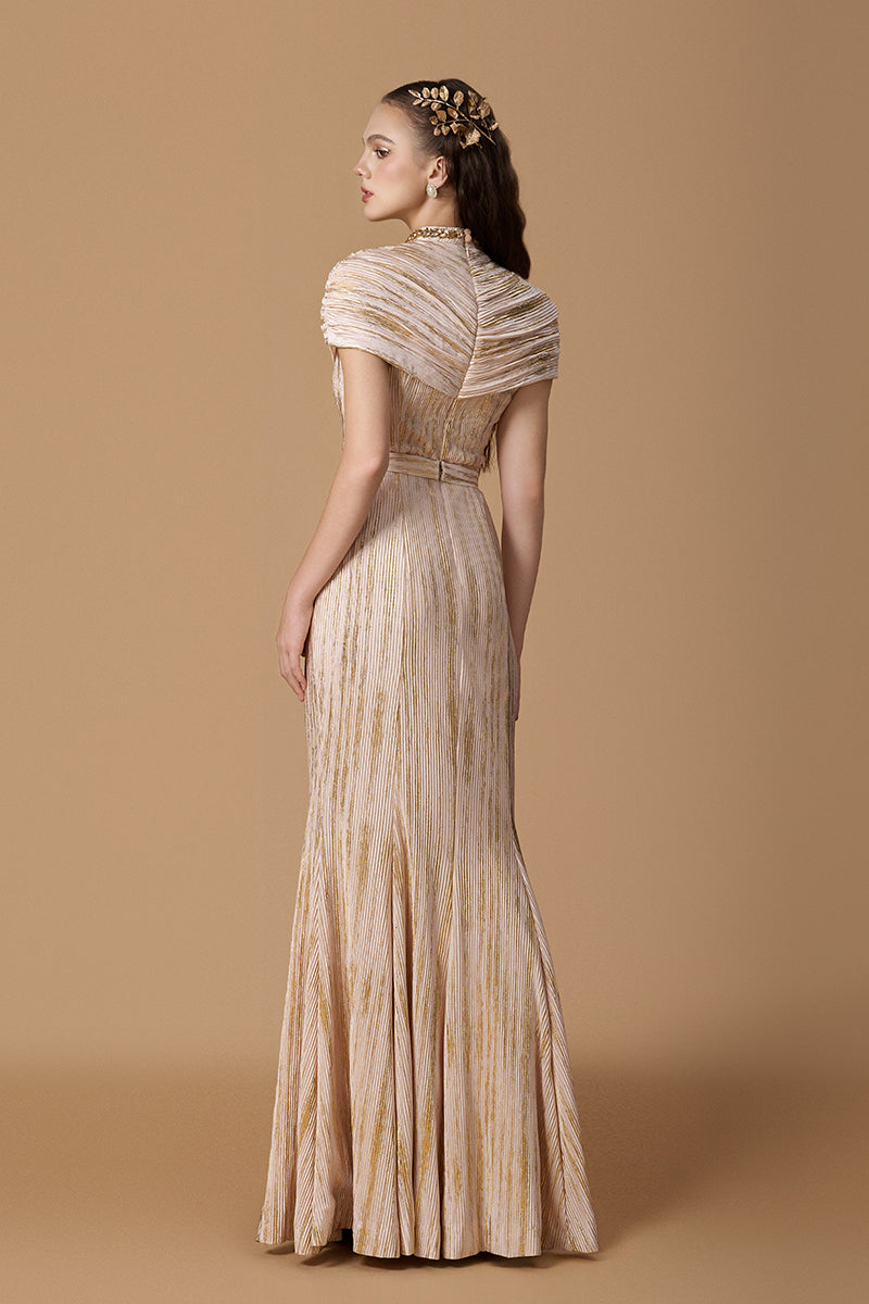 Round Neck Mermaid Gown With Wrapped-around Shoulder In Pleated Beige Jersey