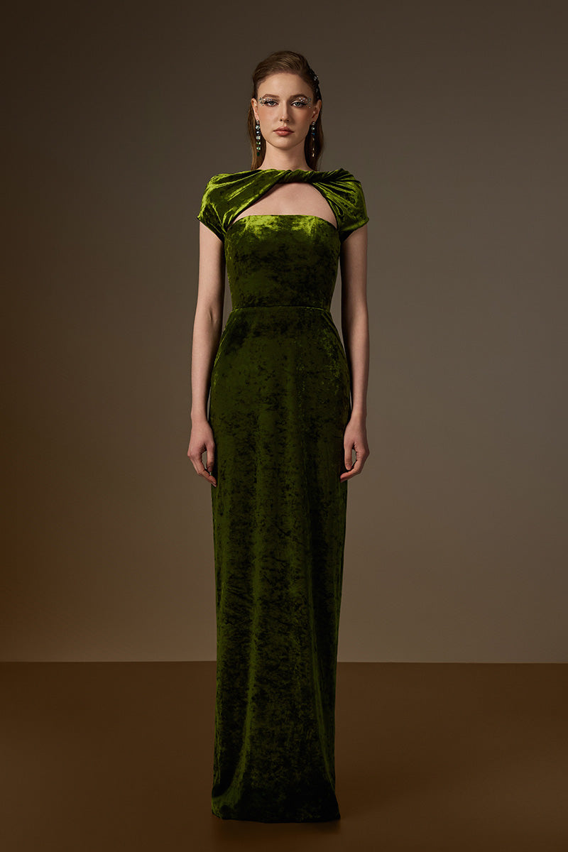 Round Neck Short Sleeve Gown With Draped Details In Green Velvet