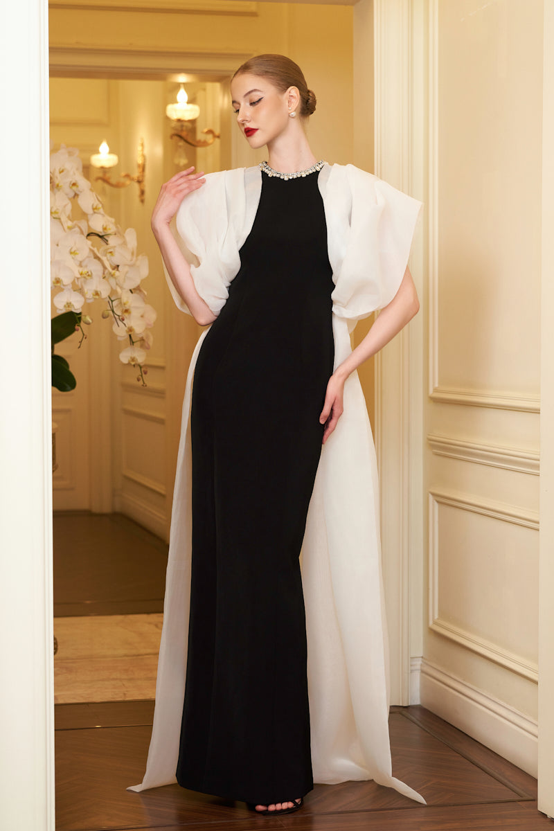 Round Neckline Column Gown With Draped Sleeves