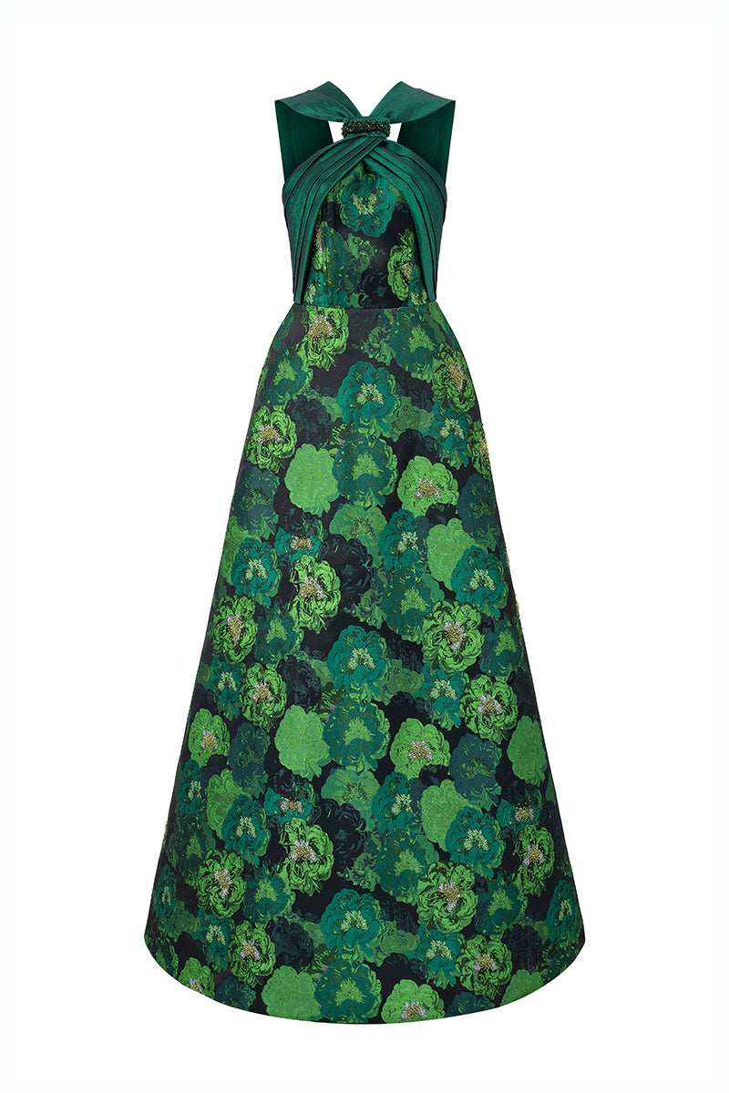Round Neck A-line Gown With Gathering With Ties In Green Taffeta And Floral Jacquard