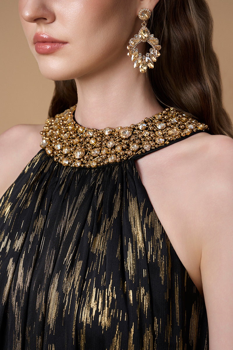 Round Neck A-line Gown With Large Collar In Black Metallic Striped Chiffon