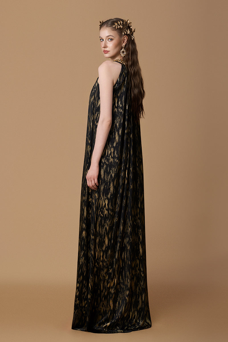 Round Neck A-line Gown With Large Collar In Black Metallic Striped Chiffon