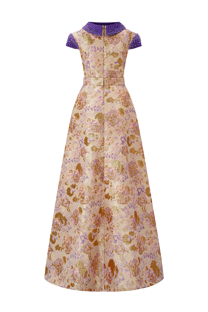 Round Neck A -line Gown With De-Constructed Collar In Purple Floral Metallic Jacquard