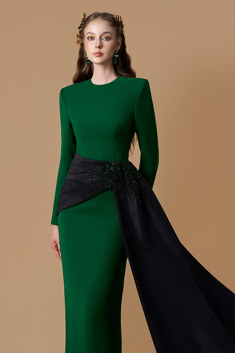 Round Neck Column Gown With Asymmetric Draped Detail In Green Crepe & Black Taffeta