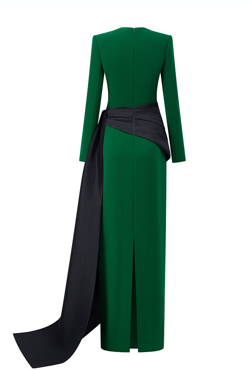 Round Neck Column Gown With Asymmetric Draped Detail In Green Crepe & Black Taffeta
