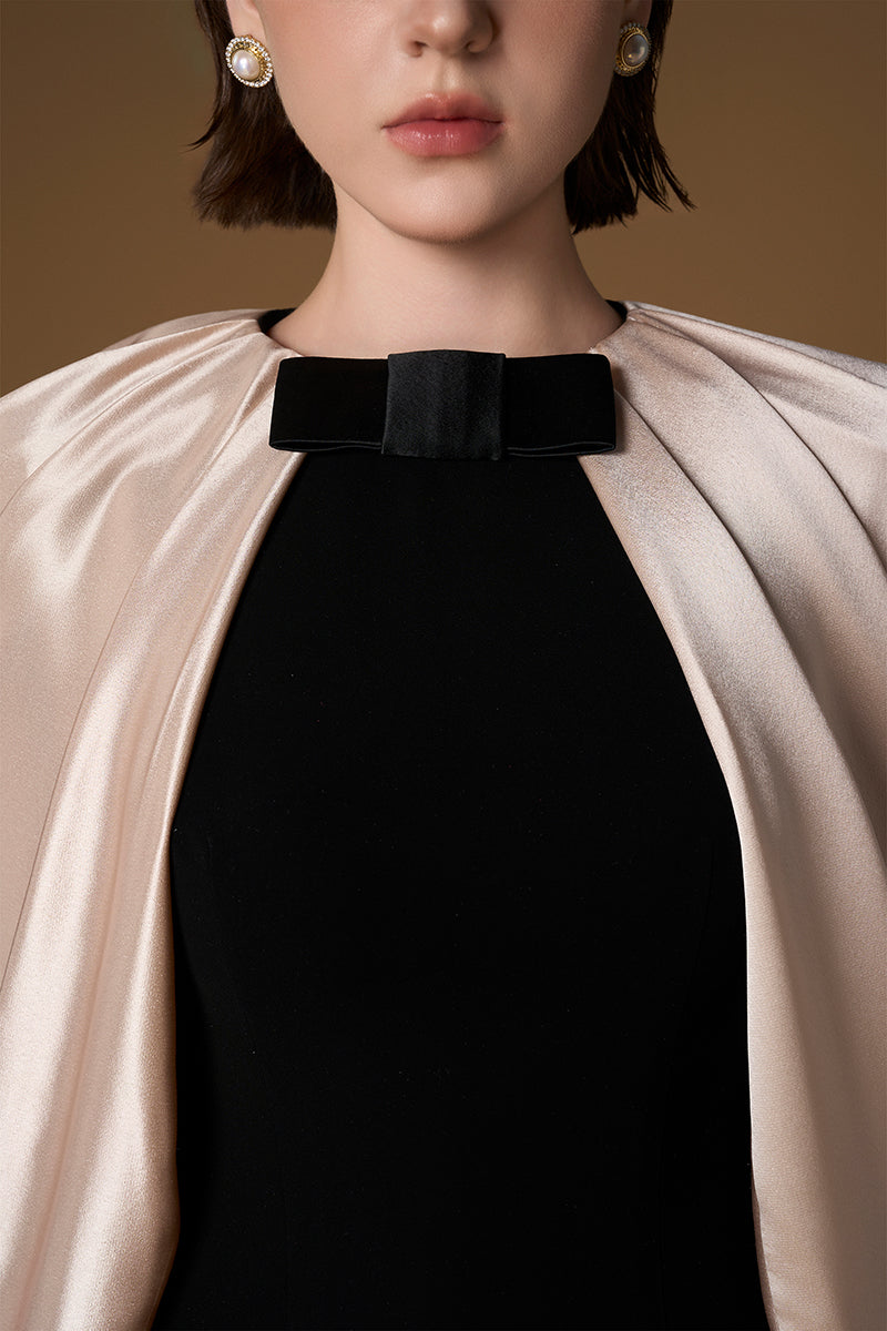 Round Neck Column Gown With Cape Sleeves In Black Crepe & Ivory Silk