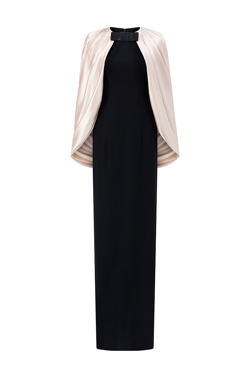 Round Neck Column Gown With Cape Sleeves In Black Crepe & Ivory Silk