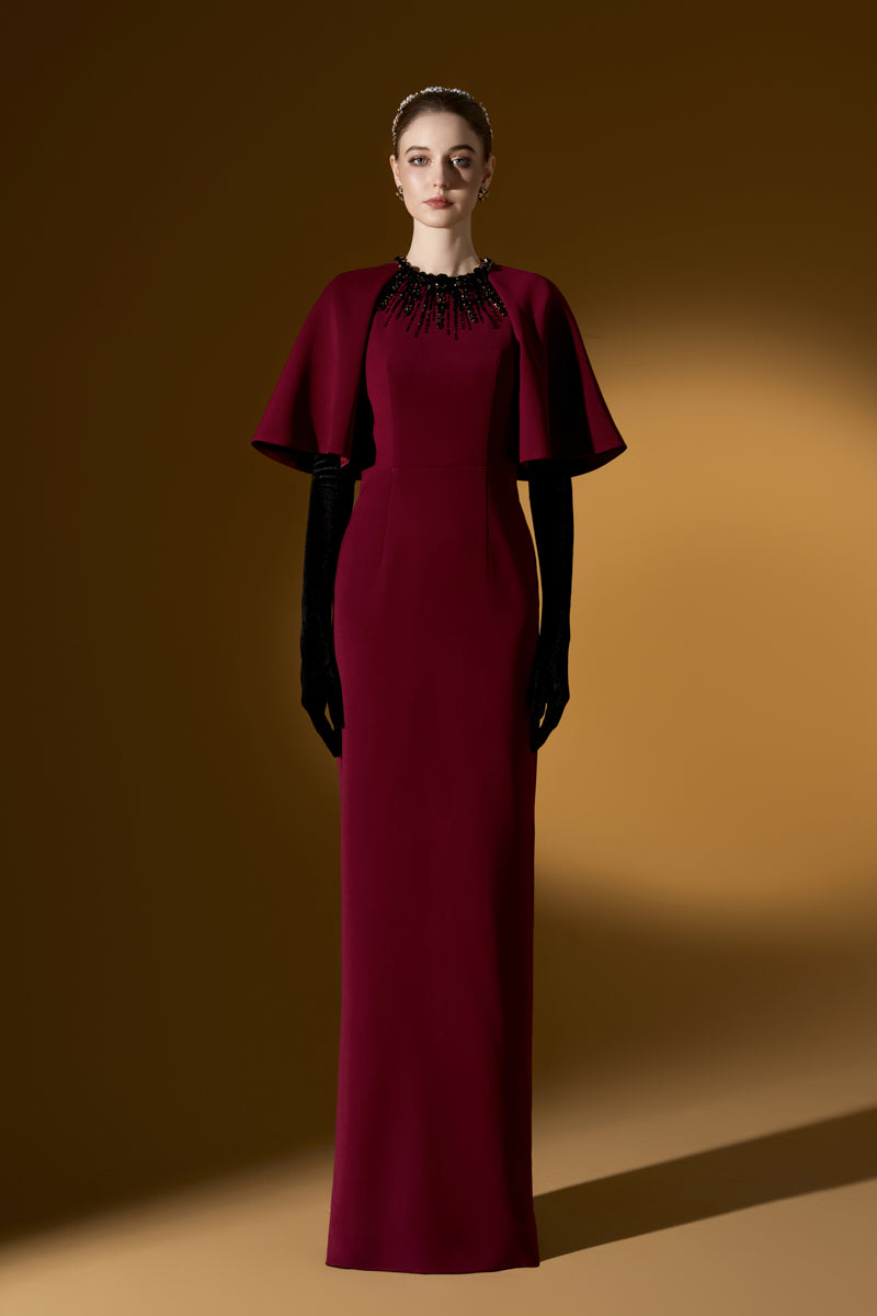 Round Neck Column Gown With Exaggerated Raglan Sleeves