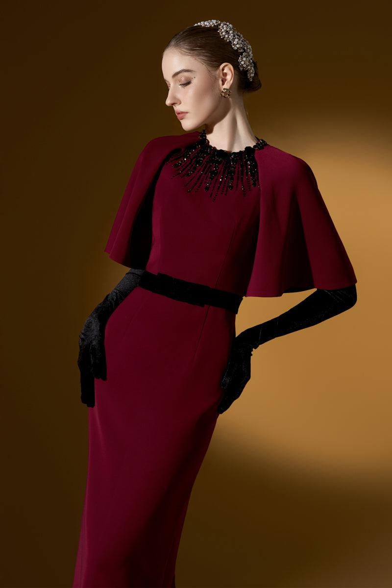 Round Neck Column Gown With Exaggerated Raglan Sleeves