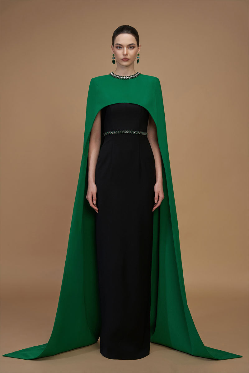 Round Neck Column Gown With Floor Length Cape Sleeves