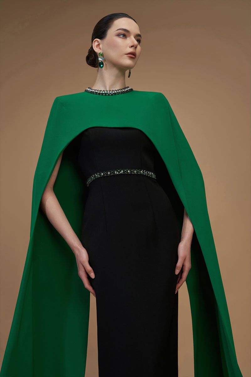 Round Neck Column Gown With Floor Length Cape Sleeves