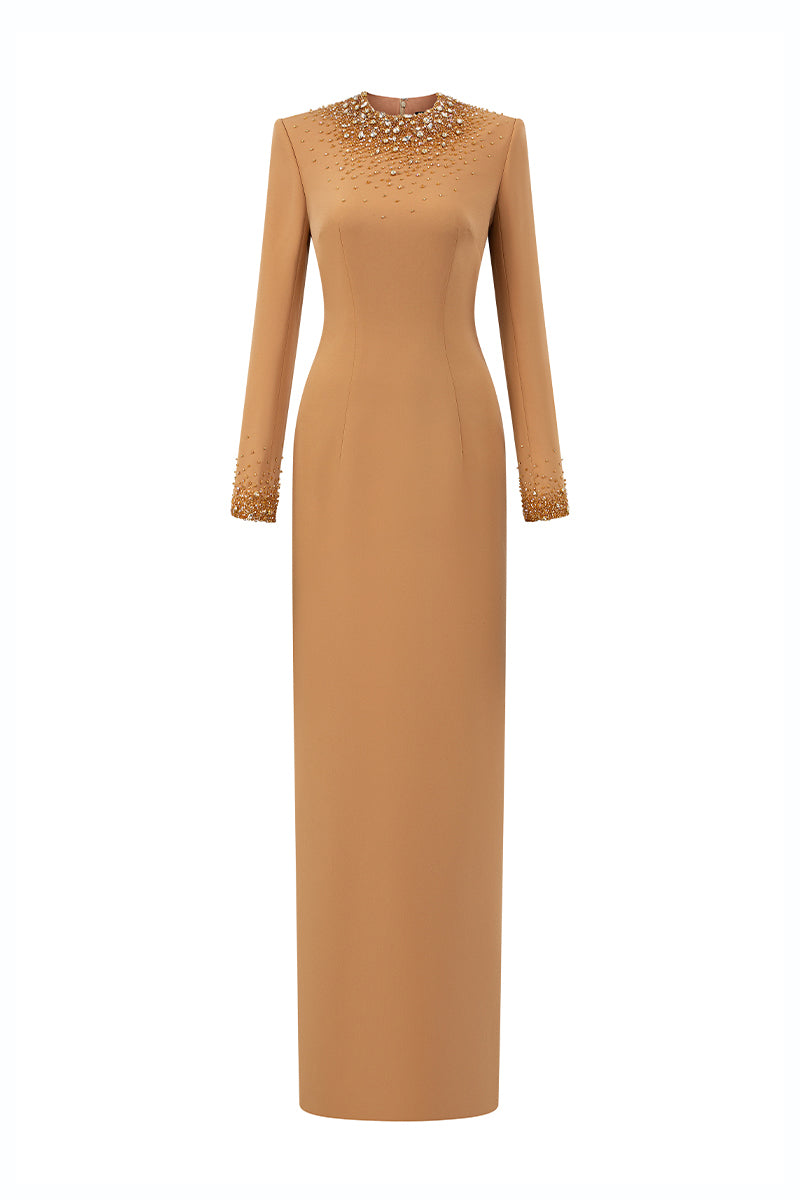Round Neck Column Gown With Gold Crystals & Stones In Brown Crepe
