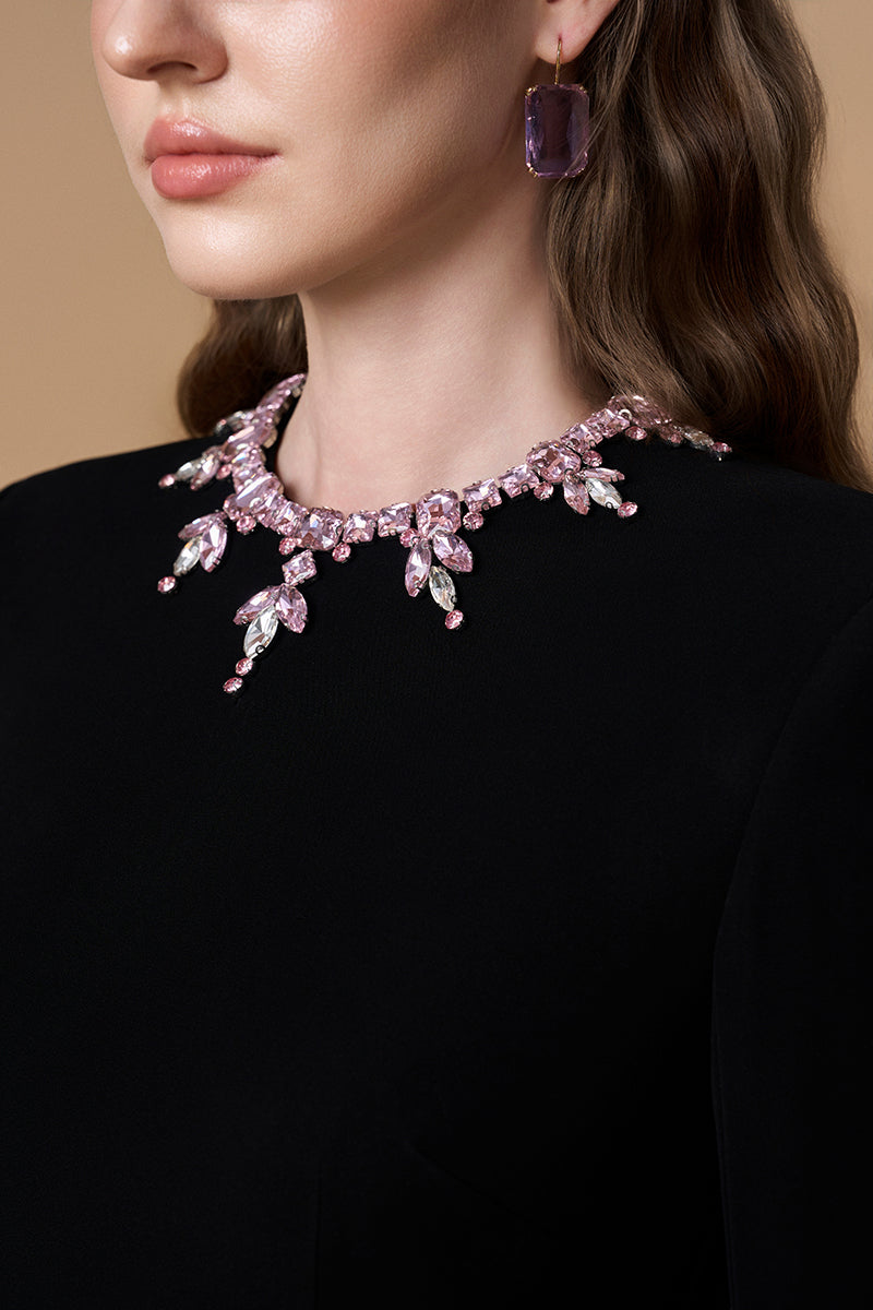 Round Neck Column Gown With Long Sleeves In Black Crepe