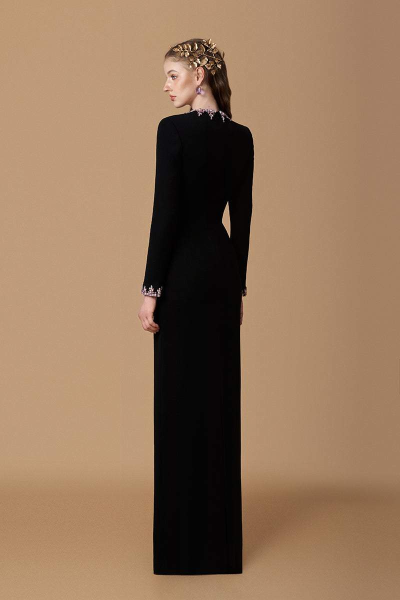 Round Neck Column Gown With Long Sleeves In Black Crepe
