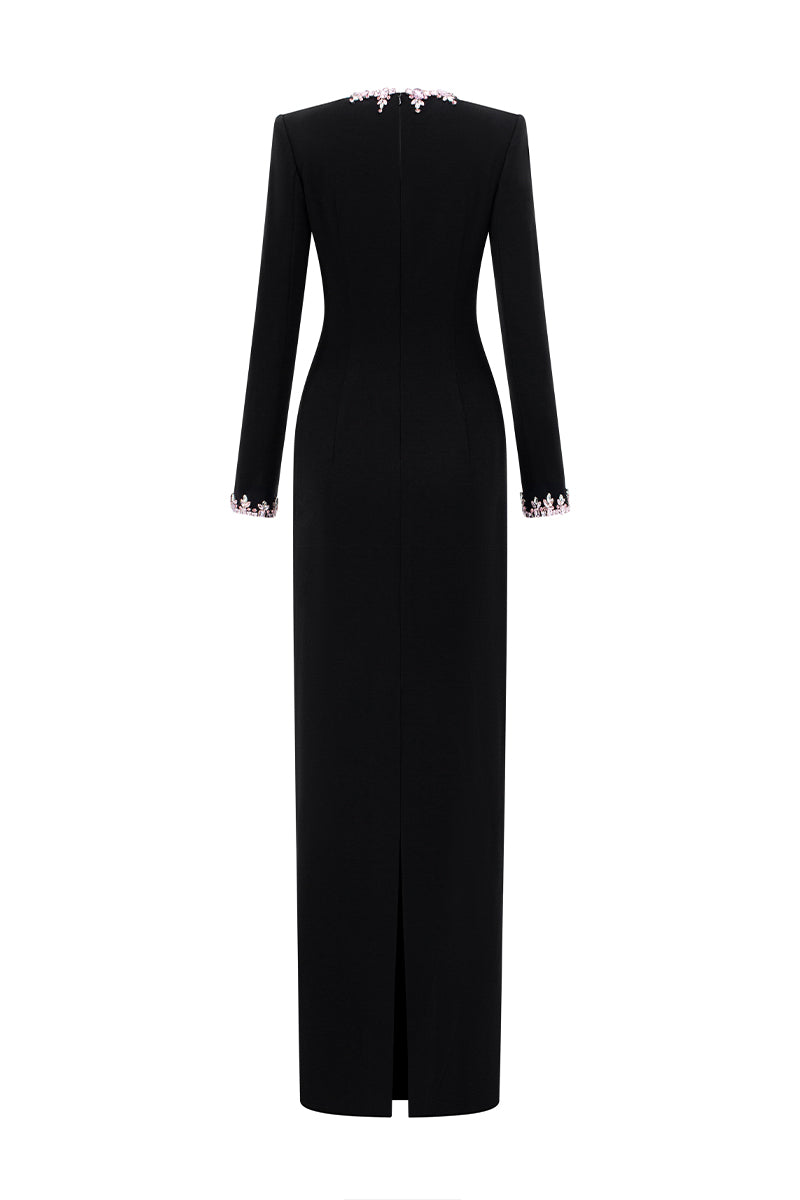 Round Neck Column Gown With Long Sleeves In Black Crepe