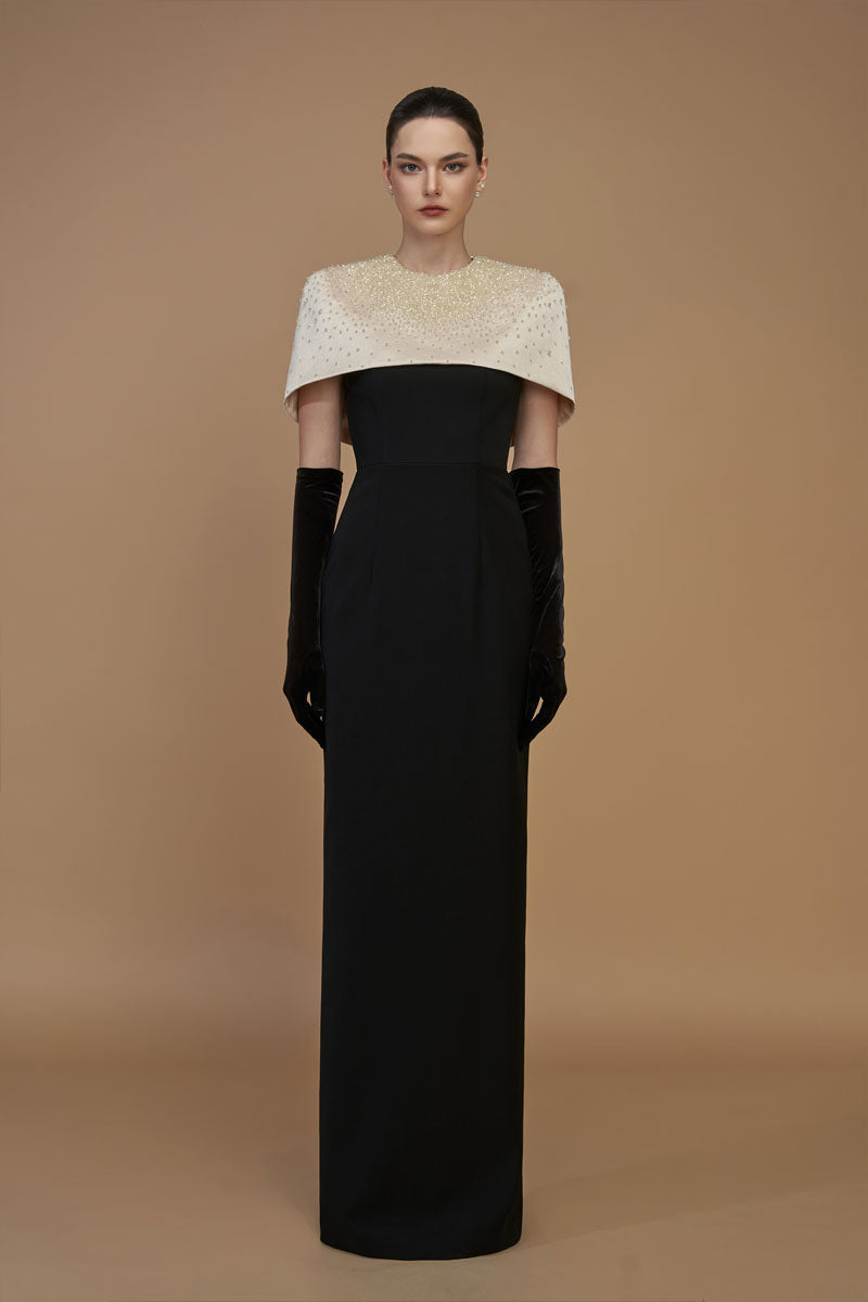 Round Neck Column Gown With Mini Cape In Beige And Black