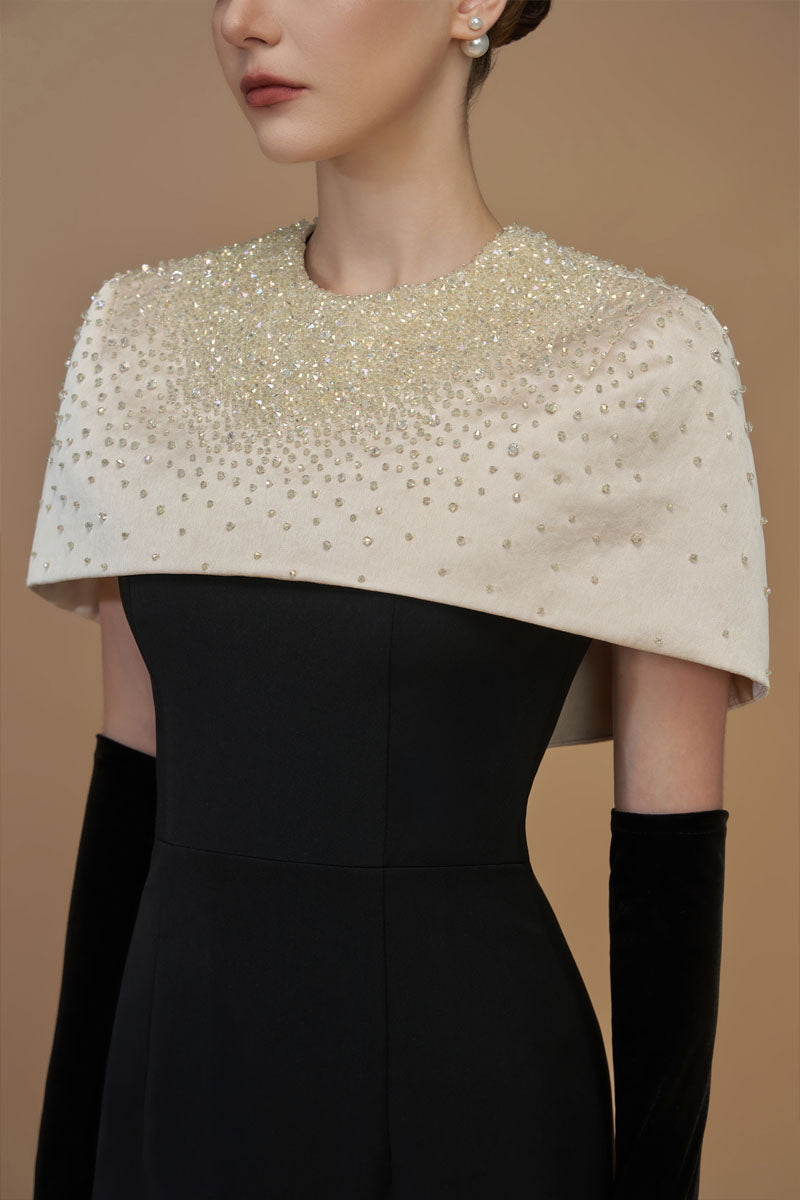 Round Neck Column Gown With Mini Cape In Beige And Black