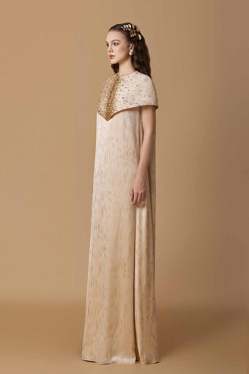 Round Neck Column Gown With Mini Cape In Beige Metallic Striped Chiffon
