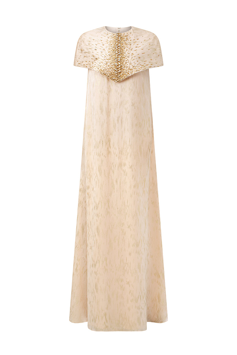 Round Neck Column Gown With Mini Cape In Beige Metallic Striped Chiffon