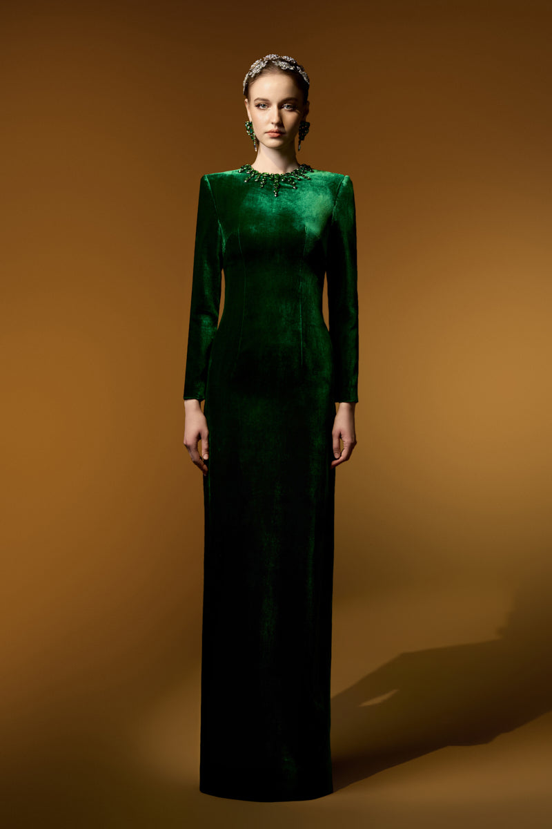Round Neck Column Velvet Gown With Long Sleeves