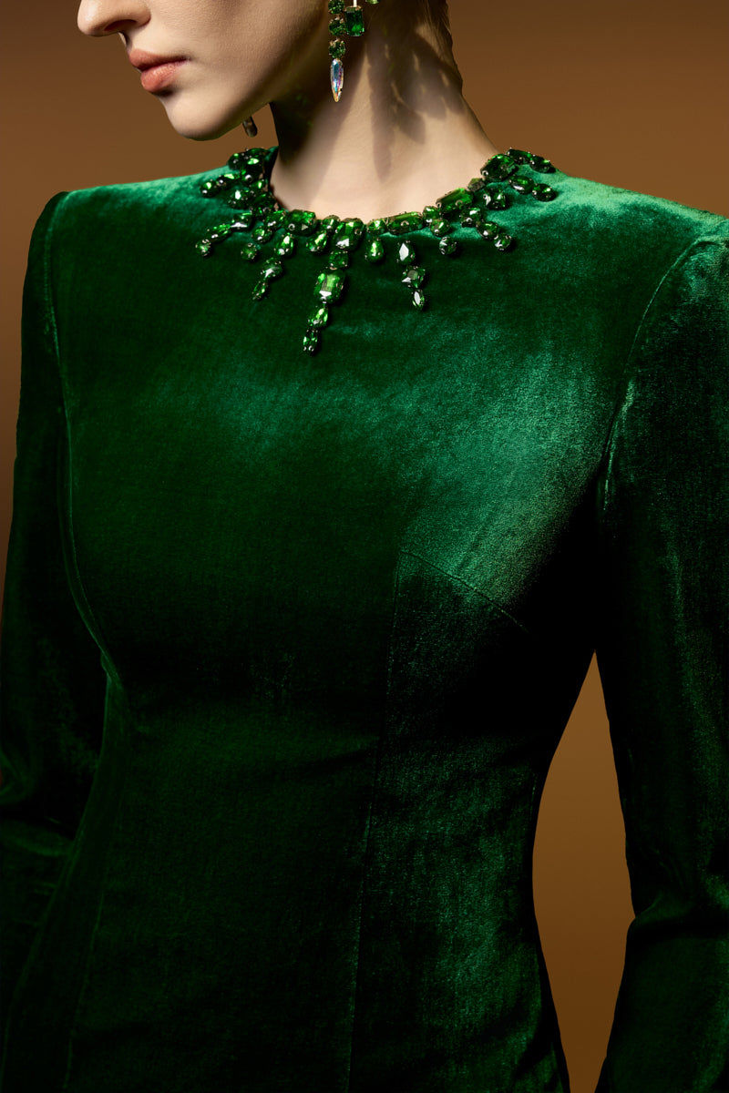 Round Neck Column Velvet Gown With Long Sleeves