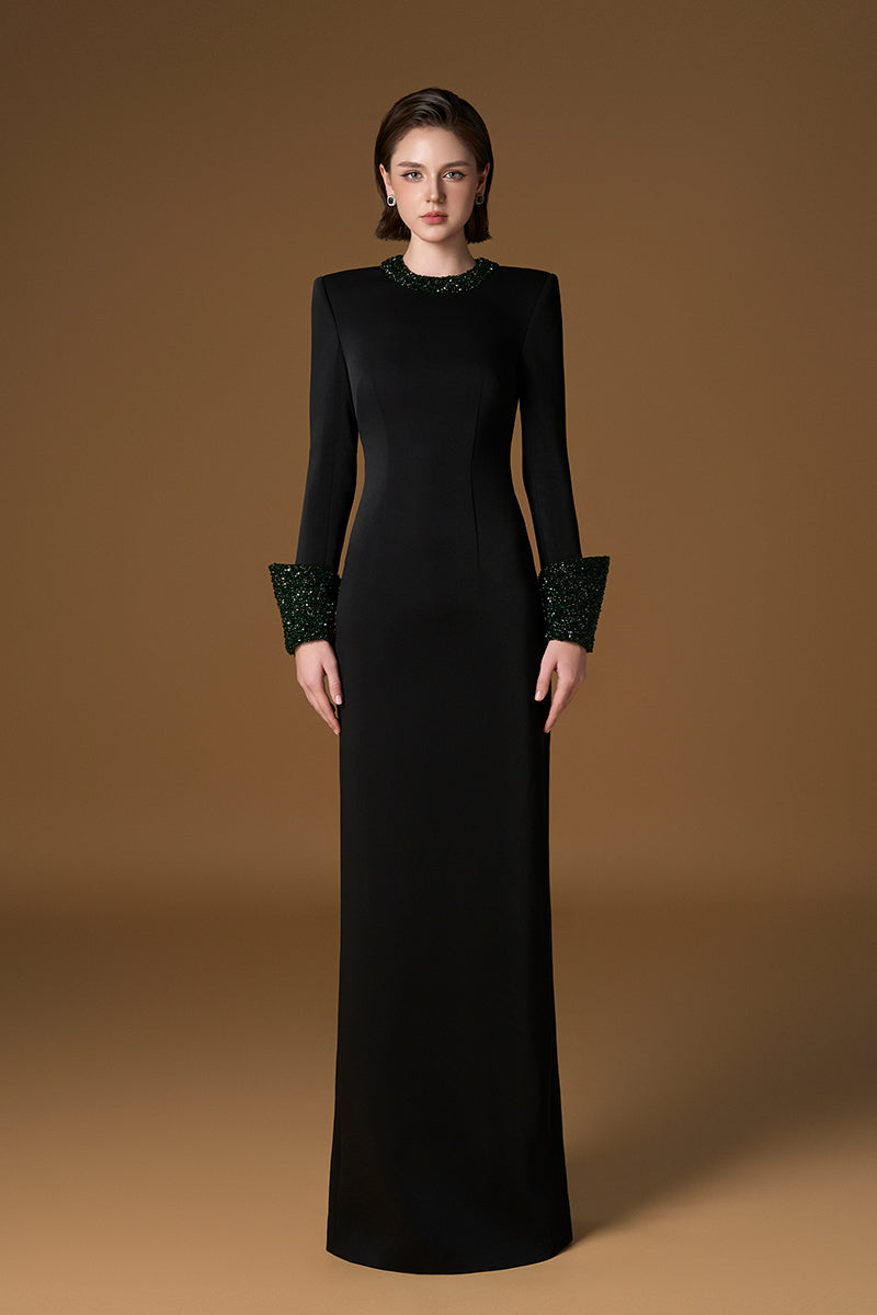 Round Neck Coulmn Gown With Turn-Up Cuff In Black Crepe And Satin Silk